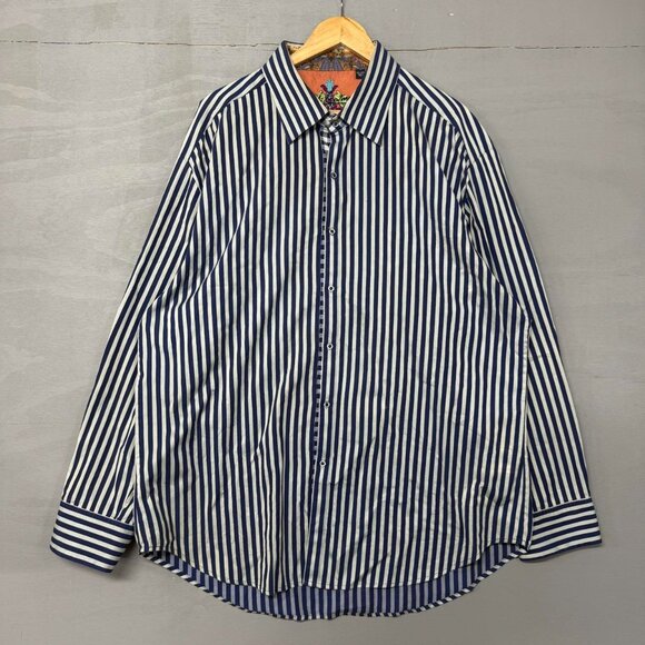 Robert Graham White Blue Striped Flip Cuff Button Down Collared Shirt 3XL - Picture 2 of 8